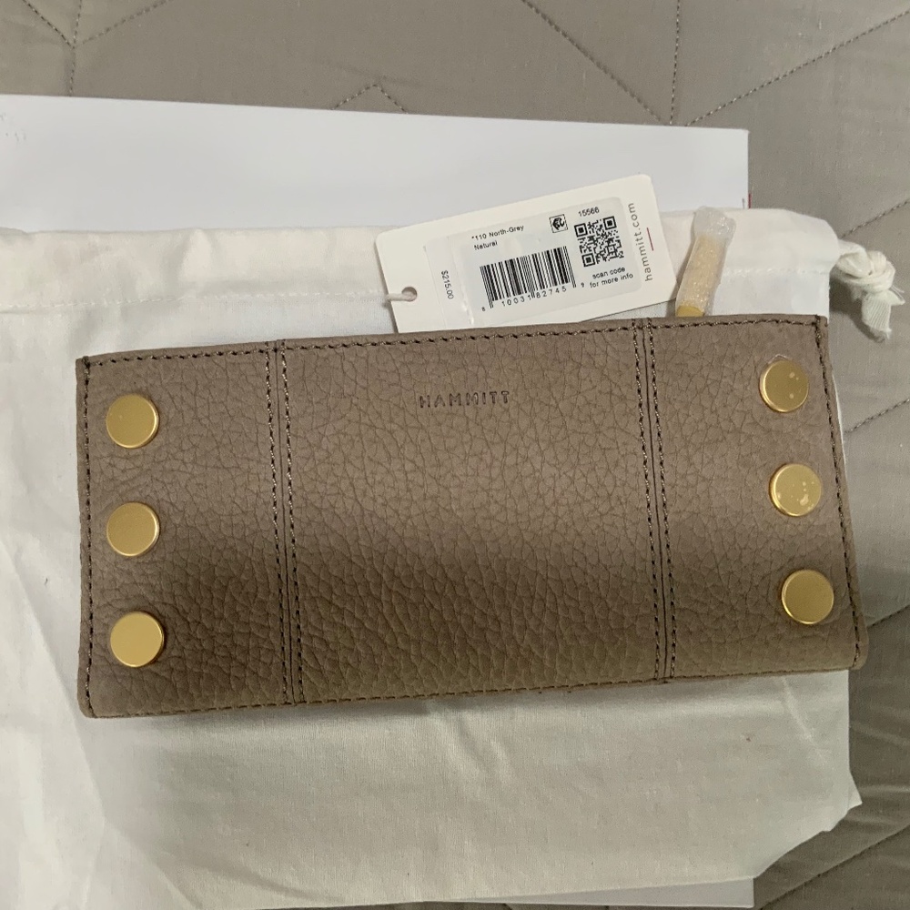 NWT Hammitt 110 North Leather Wallet Gray/Brushed Gold. Gorgeous